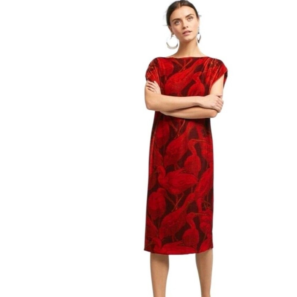 Whit Anthropologie Rayon Silk Blend Bird Print Velvet Midi Shift Dress Petite M